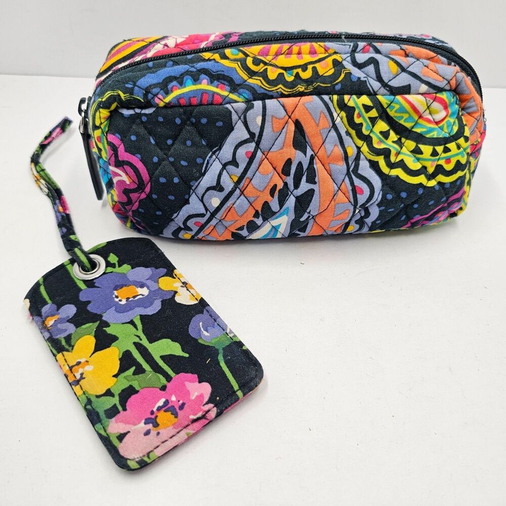 Vera Bradley Cosmetic Bag Luggage Tag Set Quilted Paisley Floral Makeup Pouch
